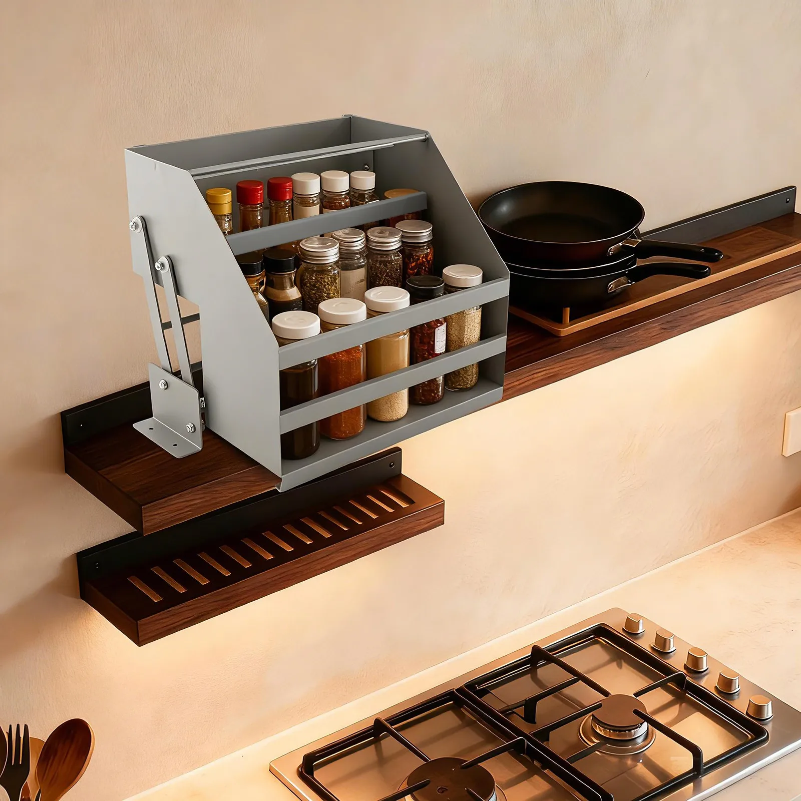 

Выдвижная полка для шкафа, полка для специй, 2-уровневый кухонный органайзер для хранения, L-образная полка с фиксированными основами, экономия места на 10 кг, серая