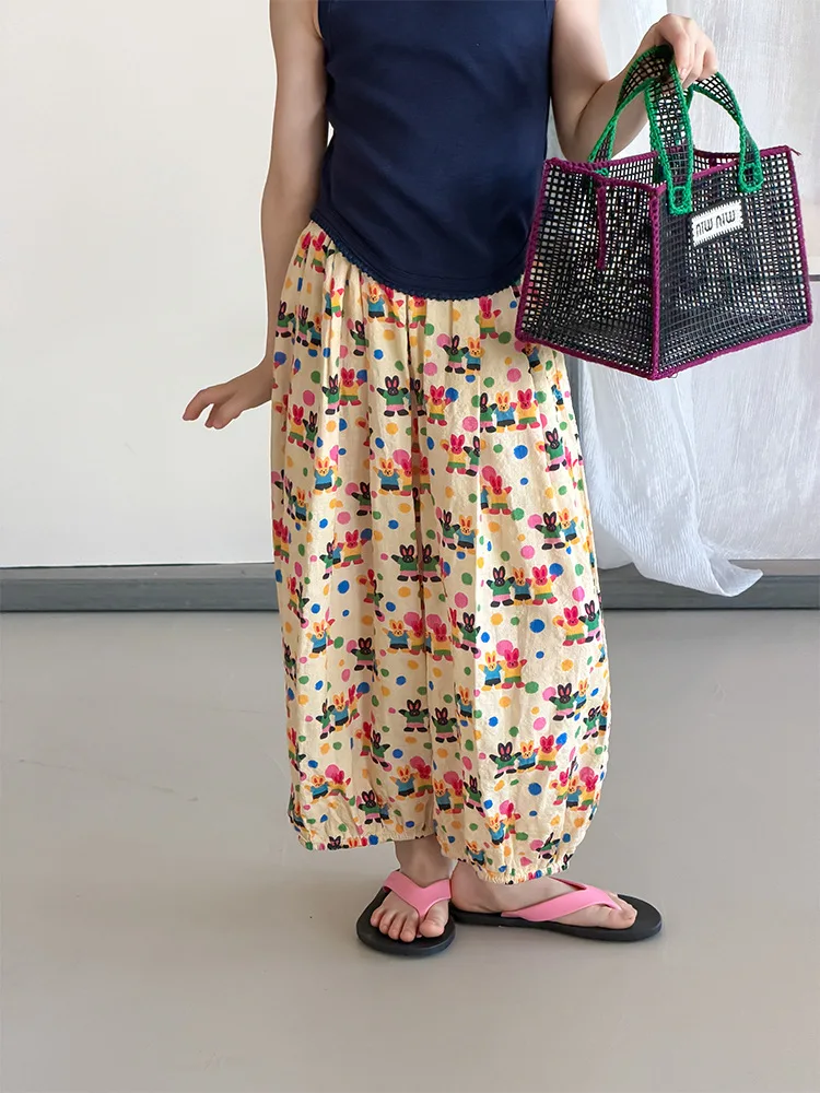2026 New Spring Baby Girls Wide Leg Pants Floral Printed Korean Style Corduroy Ruffles Toddlers Kids Casual Trousers
