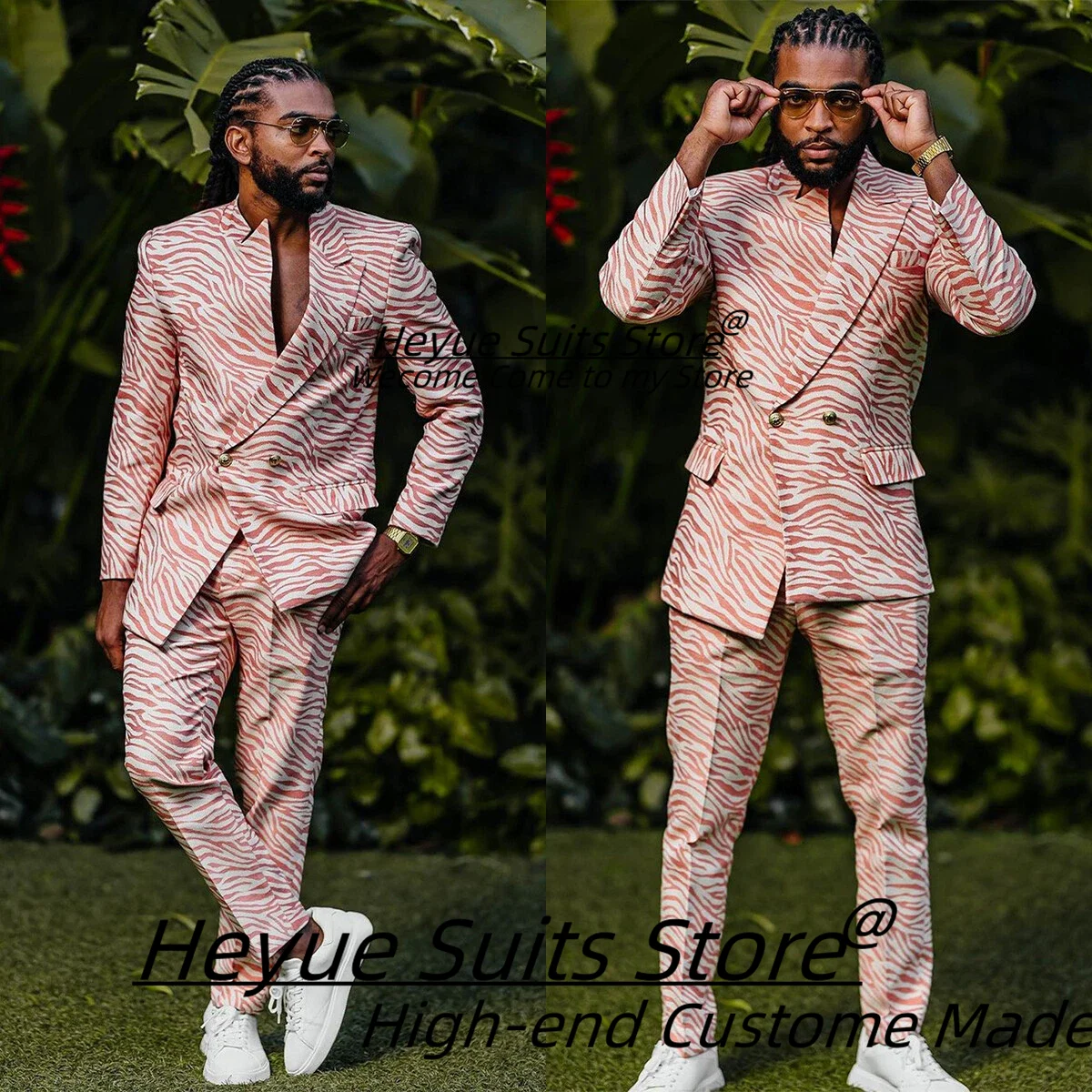 

Fashion Jacquard Zebra Pattern Men Suits Customized Slim Double Breasted Groom Wedding Tuxedos 2 Pieces Sets trajes para hombre