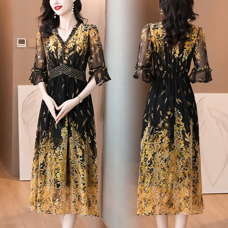 Summer Fashion Casual Print Beach Silk Sexy Sundress Women Boho Floral Chiffon Maxi Dress 2025 Korea Elegant Bodycon Party Dress