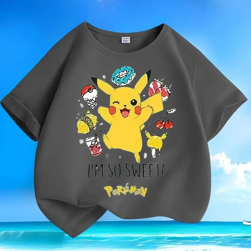 Nuevo Novedad de verano, camiseta Universal de manga corta con dibujos animados de Pok É Mon Pikachu para hombres y mujeres, Top holgado de cuello redondo de algodón puro
