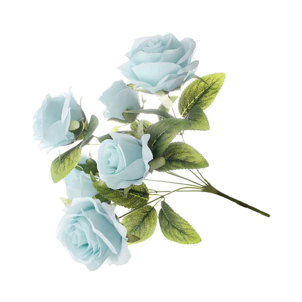 

7 Heads Artificial Rose Bouquet Sky-Blue Silk Roses Realistic Faux Flower for Wedding Home Party Decoration Artificial Flower
