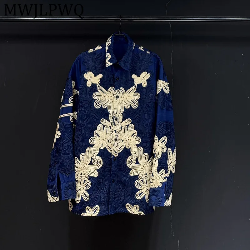 

MWJLPWQ New Tide Style Embroidered Floral Shirt Men's High Street Long Sleeve Turn-Down Collar Trend Retro Loose Tops 13323