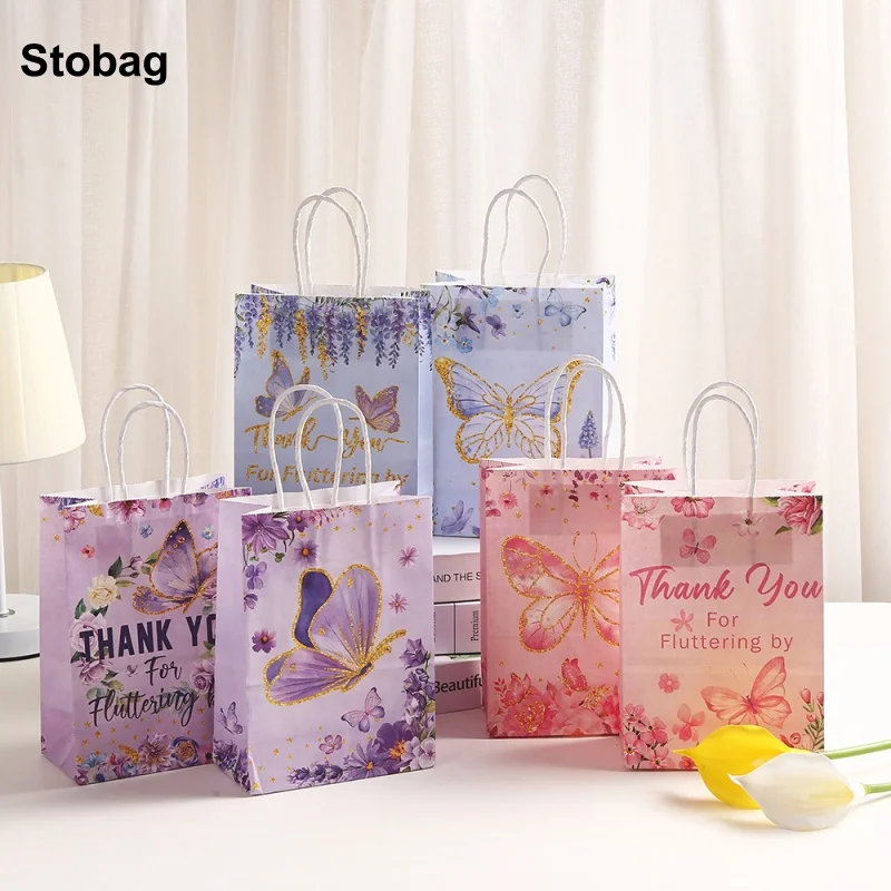 

StoBag 12/24pcs Cartoon Butterfly Kraft paper Tote Gift Bags Packaging Child for Candy Snack Storage Pouch Trick or Treat Favors