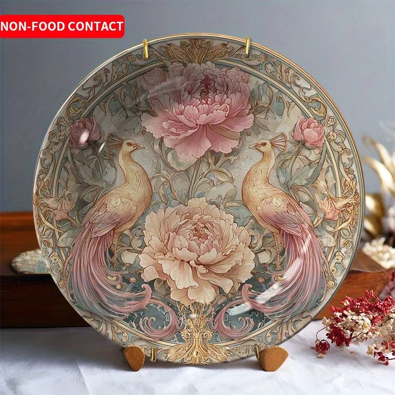 Prato decorativo de cerâmica requintado pintado à mão com dois pássaros e design floral arte de parede para sala de estar quarto não-comida
