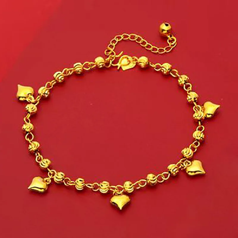 

24K Gold Plated Love Heart Beads Charm Anklets for Women New Trendy Elegant Anklets Birthday Wedding Jewelry Christmas Gifts