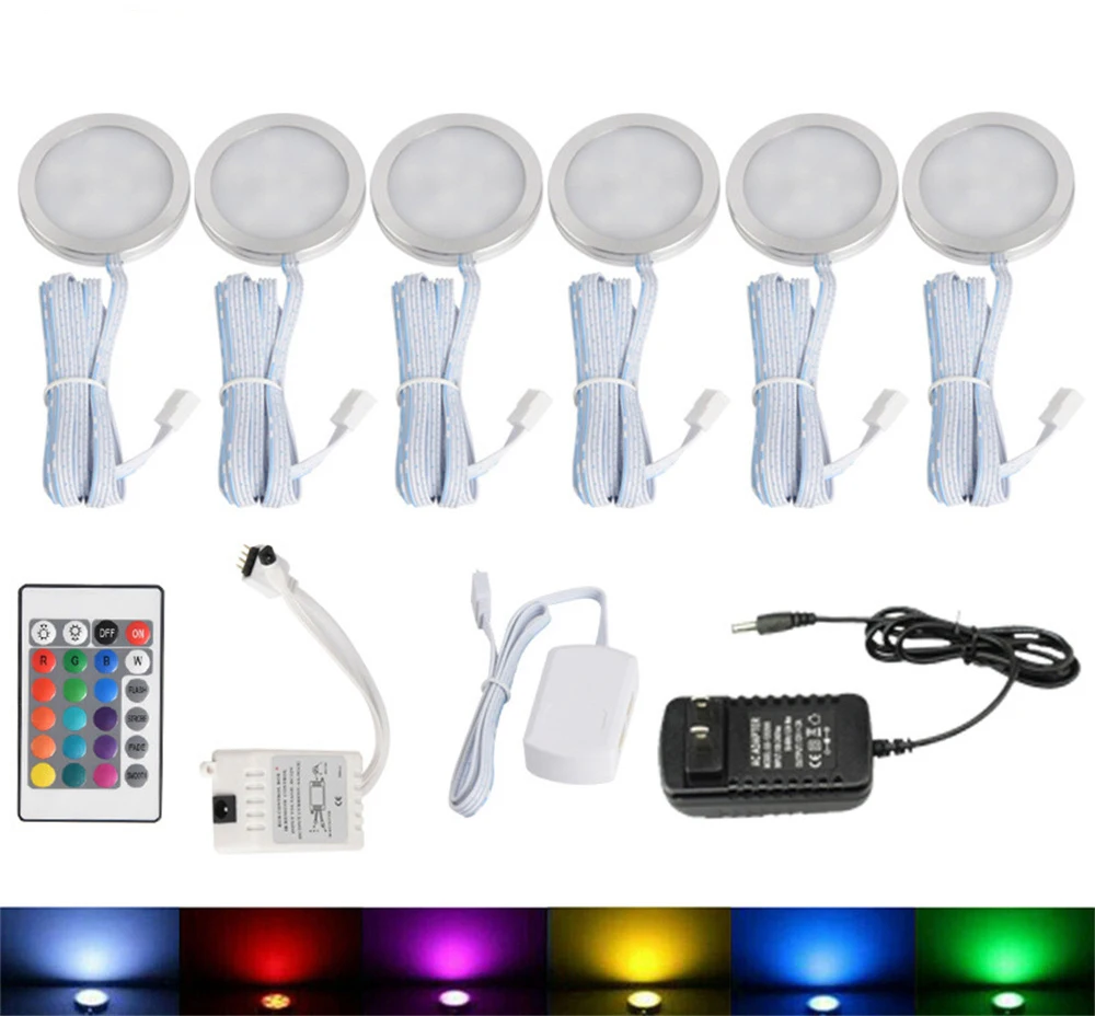 Kit de luces LED redondas RGB para debajo del armario, regulable que cambia de Color luz de techo, luces de disco para cocina, 3/4/6 Uds.