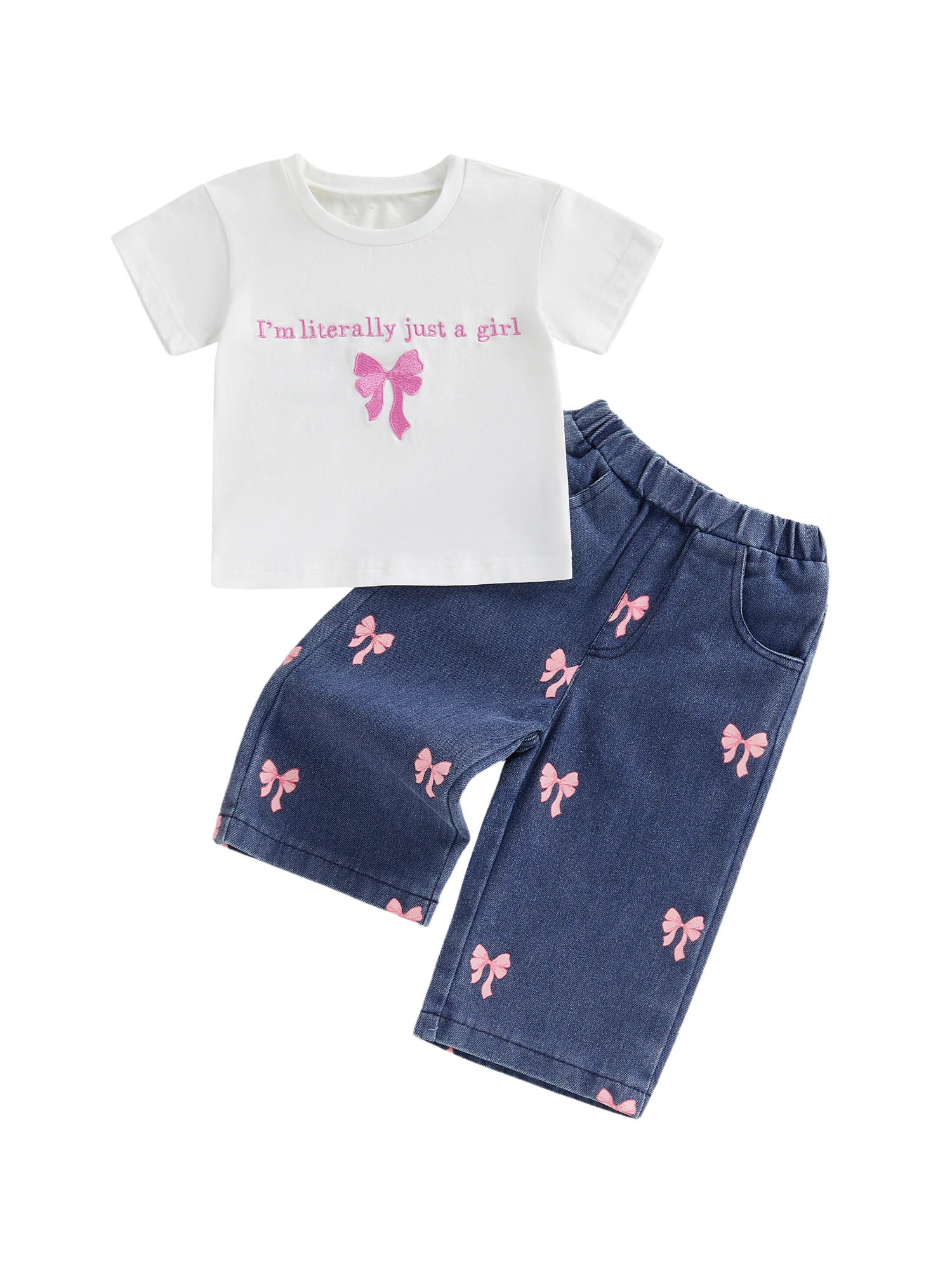 طقم ملابس للأولاد الرضع مكون من قطعتين تي شيرت مطبوع برقبة دائرية وأكمام قصيرة وخصر مطاطي من قماش الدنيم