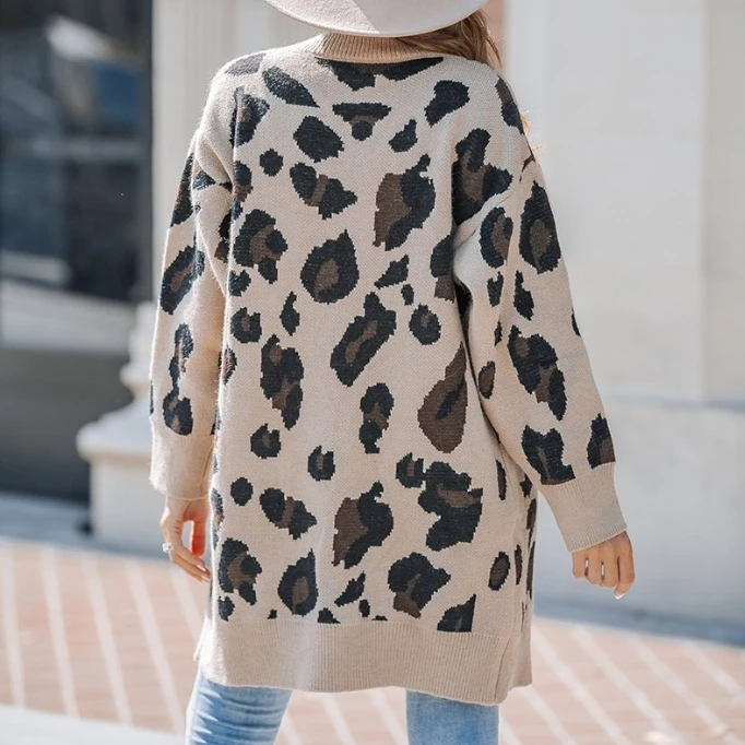 Overized Sweaters Cardiagns for Women Winter Leopard Pattern Longline Knit Cardigan Bohemian Slim Batwing Sleeve Warm Midi Coat