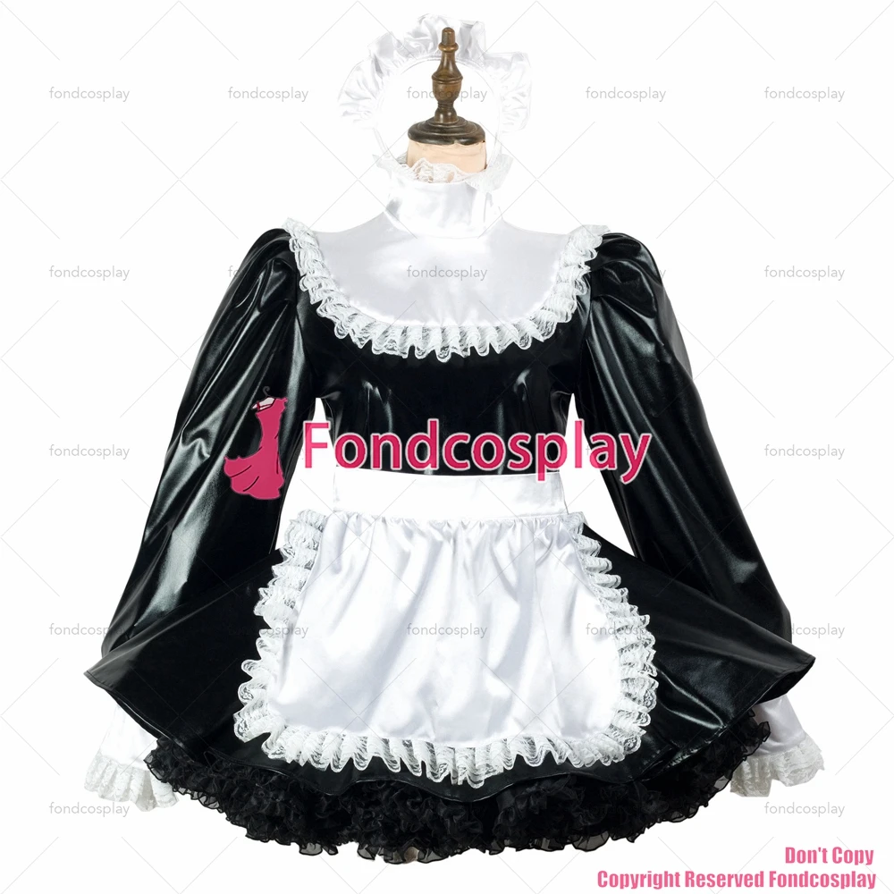 fondcosplay adult sexy cross dressing sissy maid black thin pvc dress lockable Uniform white apron costume CD/TV[G2437]