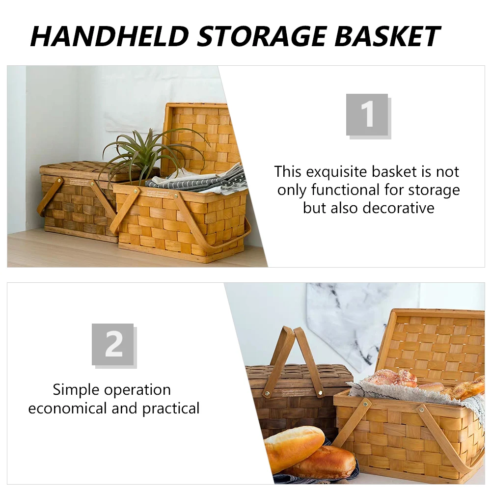 

Rustic Wooden Woven Gift Folding Handles Picnic Storage Basket Bread Fruits Snacks Home Decoration Natural Wood Handheld