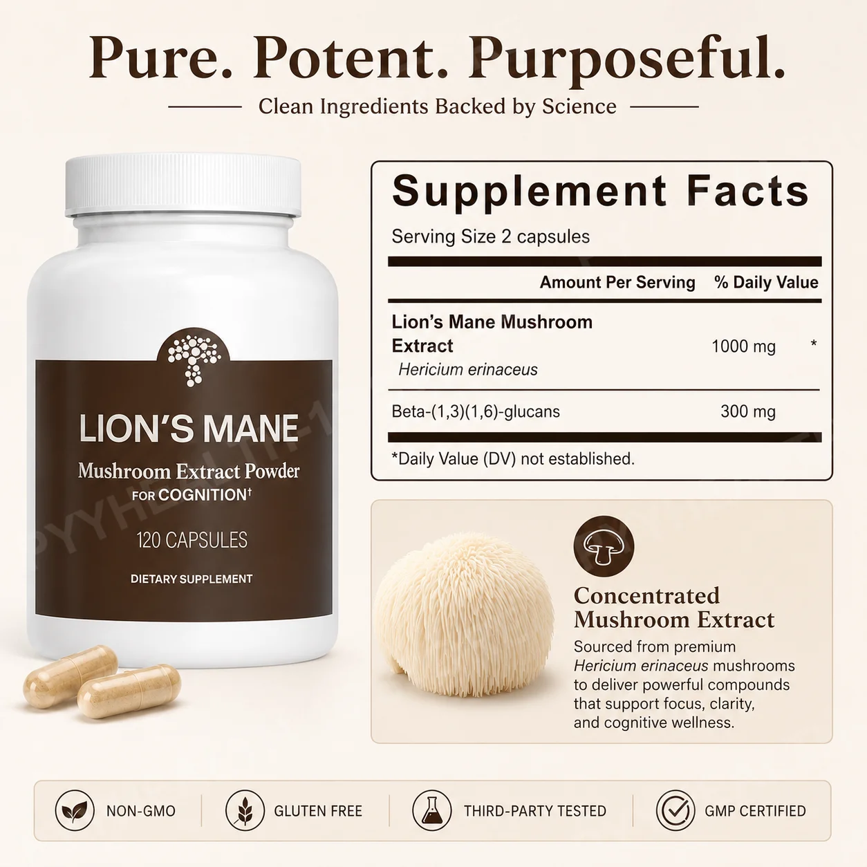 Lion's Mane Mushroom Extract 1000 mg with 300 mg Beta-Glucans, Daily Focus and Wellness Support, 120 Capsules, 60 Servings