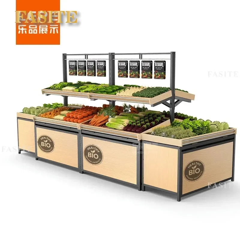 For Supermarket Steel and Wood Fruit Rack Multi Layer Display Shelf for Fruit Vegetable Store Fresh Specialty Showcase
