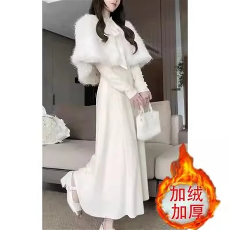 Velvet And Thicken To Match With a complete Suits of Small Temperament Dresses Sets White Cape Knitted Dress Two-Piece Set Lady