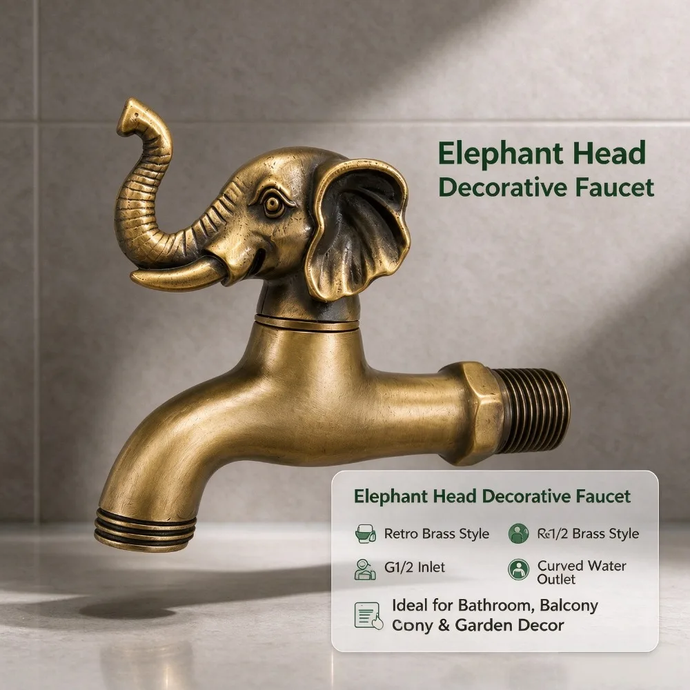 Antique Brass Elephant Head Water Tap Wall Mounted G1/2 Thread Vintage Decorative Faucet for Bathroom Balcony Garden Outdoor
