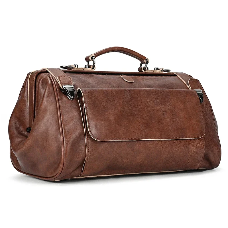 Real Luxury Fashion Handbags Men Male Leather Duffle Bags For Business Flights 45cm travel bag genuine leather designer