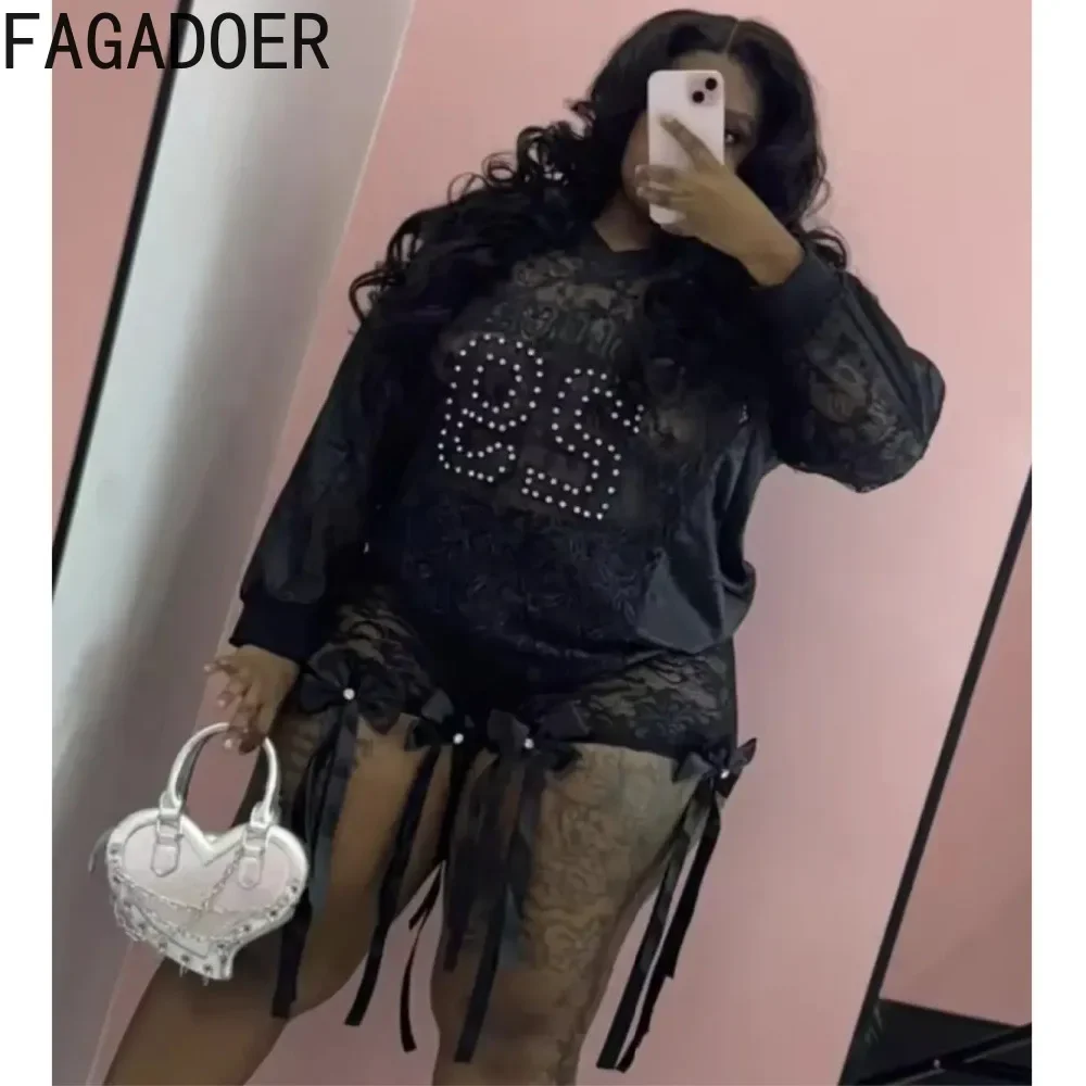 FAGADOER Sexy Loose Tshirt Women Long Sleeve See Through Lace Embroidery Patchwork T-shirt Hot Girl Streetwear Clothing 2025 New