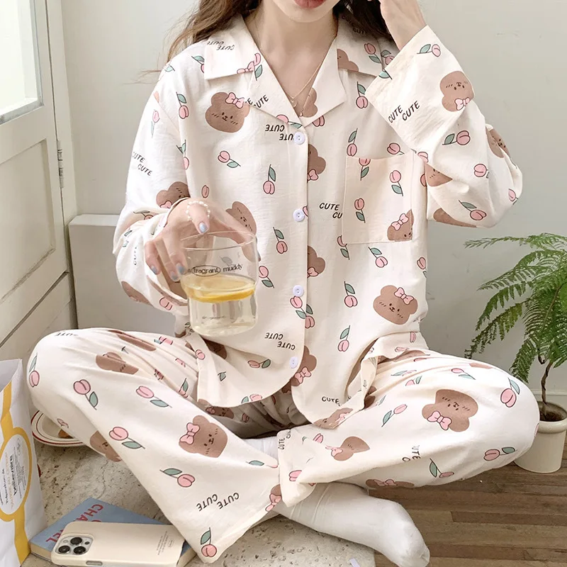 New pajamas female spring and fall clouds cotton lapel cardigan college style long-sleeved loose sweet and cute homewear suit