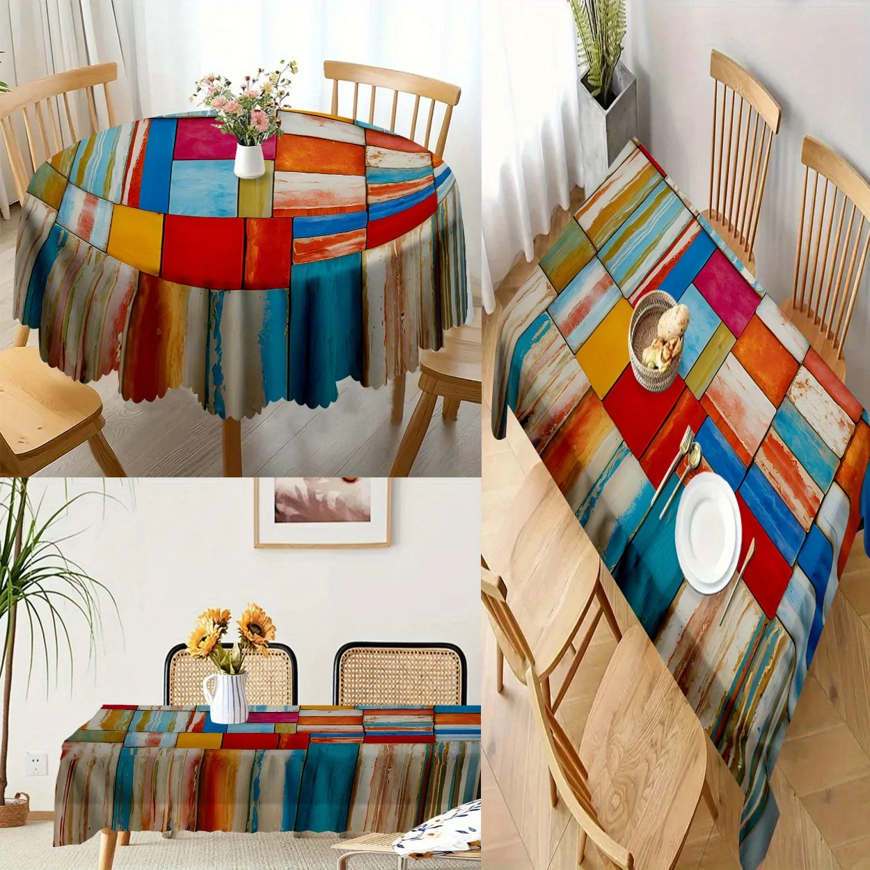 One polyester material, vintage color checkered decorated digital printed tablecloth.