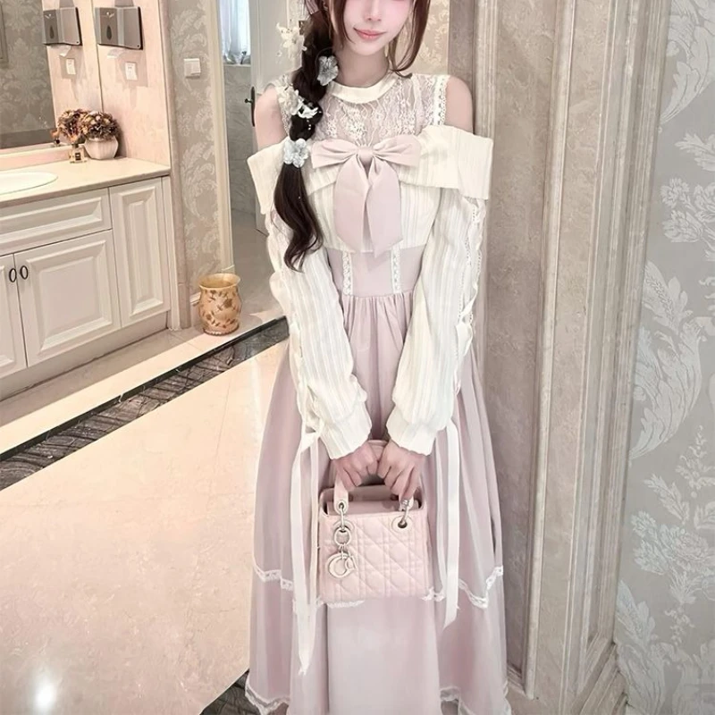 Kyoto Noble Girl Autumn and Winter Clothing Japanese Off Shoulder Bow Waist Slimming Long Dress Party Date Princess Dress