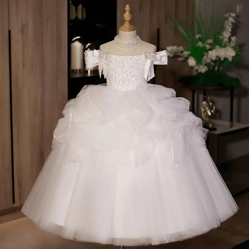 Custom Flower Girl Dress For Wedding Off Shoulder Decorative Satin Bows Cascading Ruffle Multi Layer Air Tulle Above Hem
