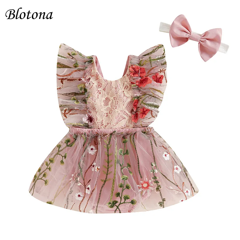 

Blotona Baby Girl Summer Jumpsuit Casual Floral Embroidery Mesh Romper Dress and Headband Set Cute Fashion Clothes Outfit 0-18M