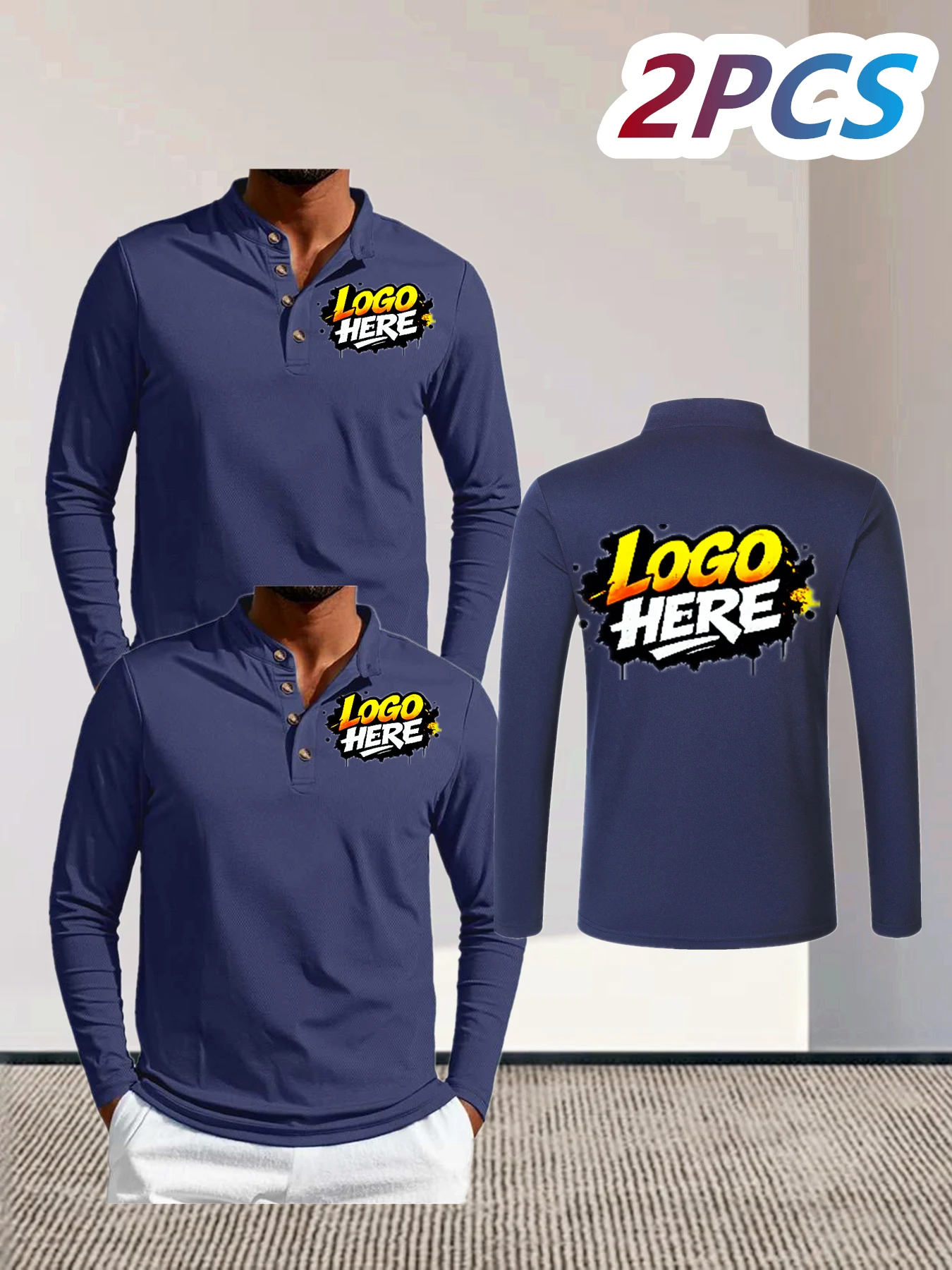 2-piece Men Women Long Sleeve Polo Custom Company Logo Business Lapel Shirt Print Team Design Casual Solid Color Top