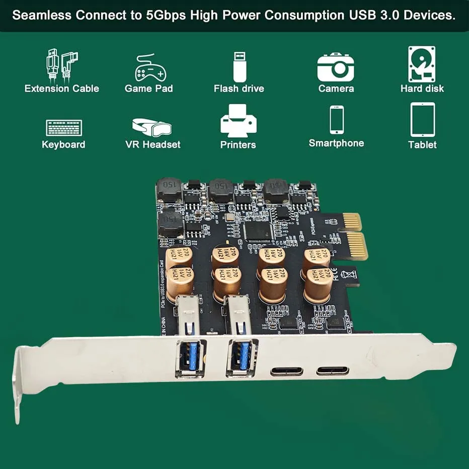 

Карта расширения PCIE — USB 3.2 Gen1 5 ГБ PCI Express X1 — 2 порта USB3.2 GEN1 + 2-портовый адаптер расширения типа C Компьютерный USB-конвертер