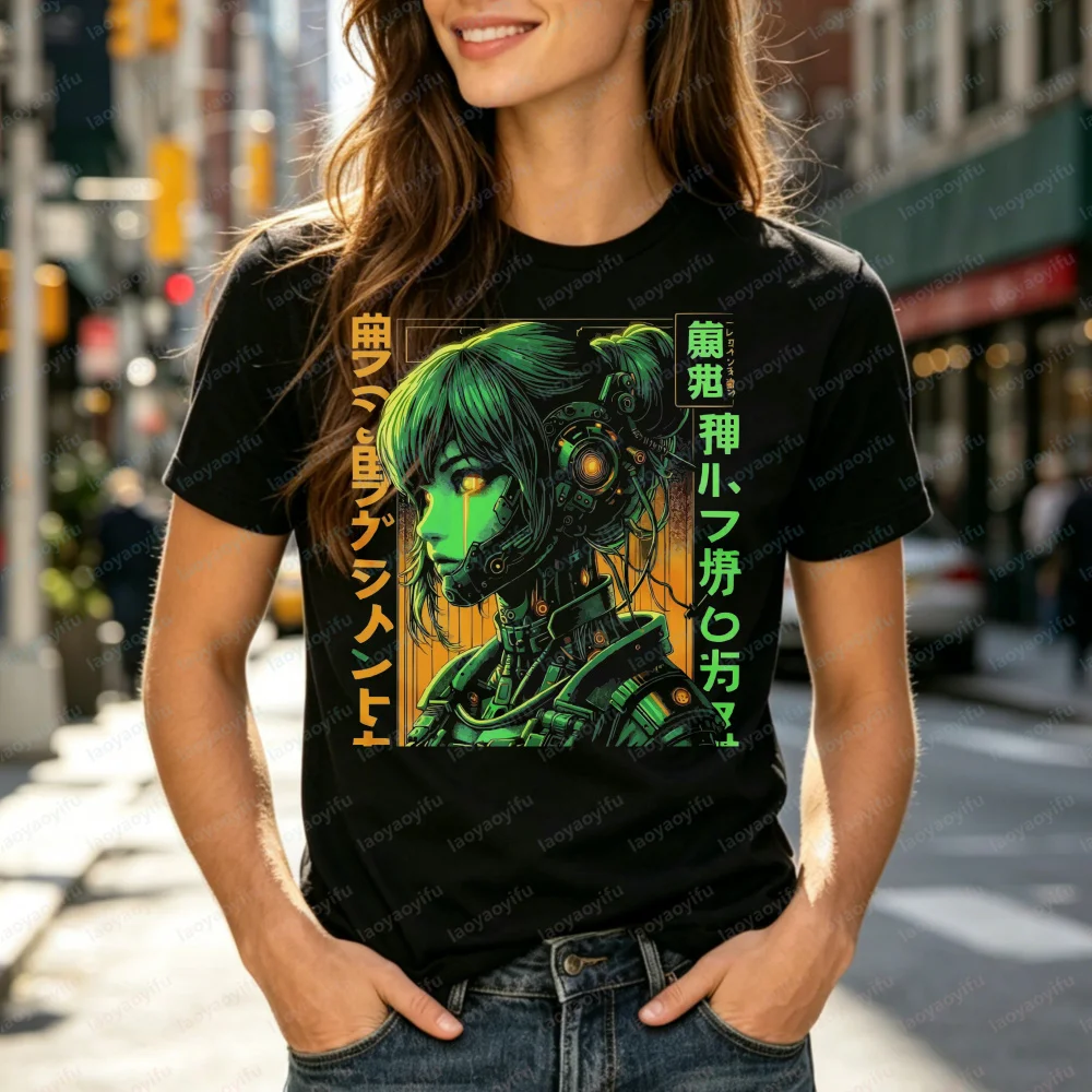 Cyber Punk Anime Girl T-Shirt Futuristic Robot Design Summer Loose T-shirt Top Unisex Top