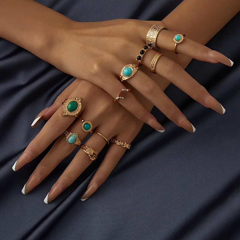 

Faionable Cross-Border Ring Set with Embedded Turquoise Rose Flower Design 2-Piece Women's Ring Accories