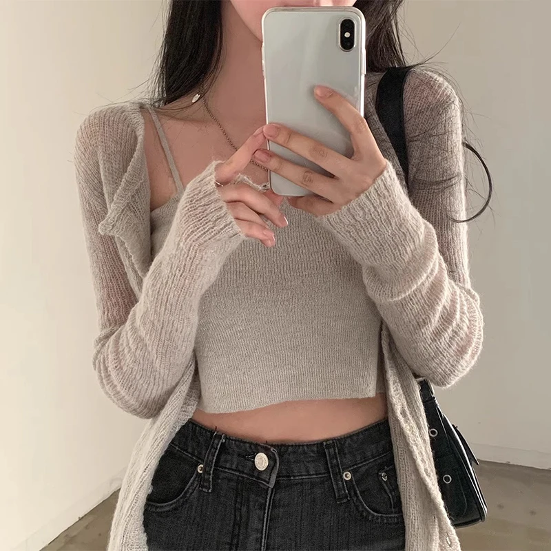 2024 Woman Cardigan Long Sleeve Ropa Mujer Round Neck Outerwears Single Breasted Sweater Autumn Simple Cardigans with Camis