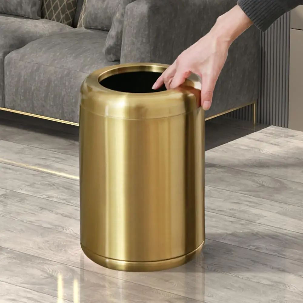 Leasylife-Gold Metal Garbage Bin, Light Luxury Trash Can, Suitable for Living Room, Bedroom, Office, Bathroom, Hotel, 9L