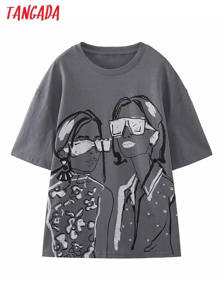 Tangada 2024 Women Beading Print Gray Cotton T Shirt Oversized Short Sleeve Ladies Shirt Wear Top 6H388