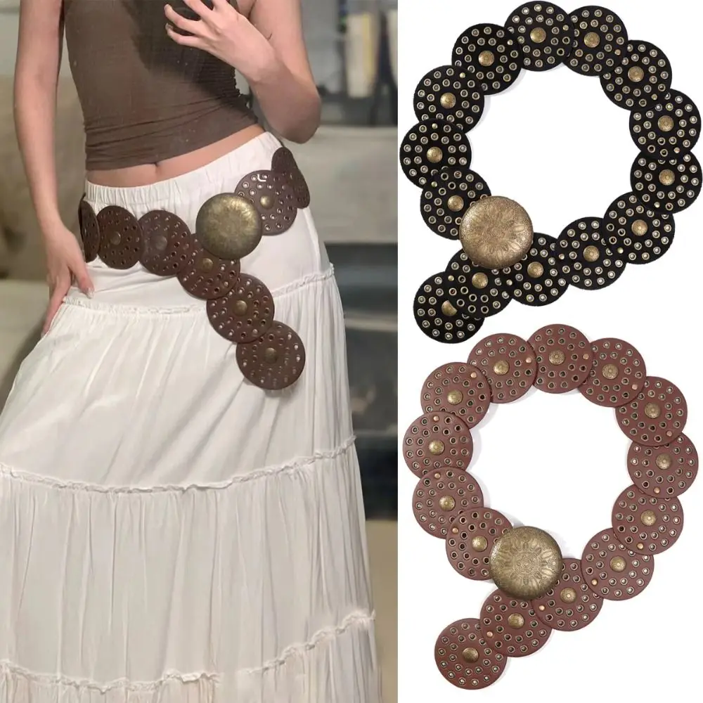 

Y2K Disc Belts Retro Cowboy Metal Buckle Wide Belts PU Western Style Hollow Belt for Women