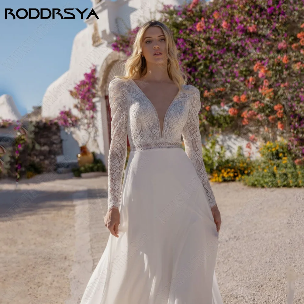 Roddrsy sexy sans dos robe de mariée pour les femmes en mousseRODDRSY-Robes de mariée dos nu en mousseline de soie pour femmes, robe de mariée A-Line, robe de mariée à manches longues, dentelle, fête civile, sexy, 2024