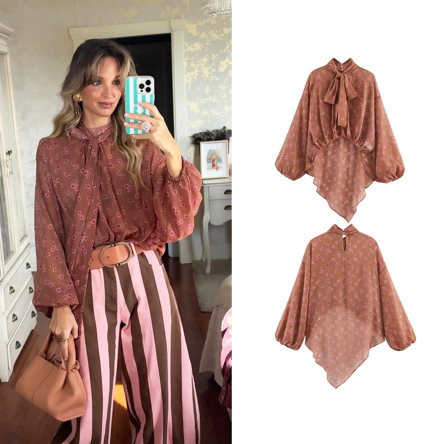 Women French Style Chic Bow Blouses Floral Print Casual Ruffles Long Sleeve Shirts Lady Fashion Spring Summer New Holiday Blouse