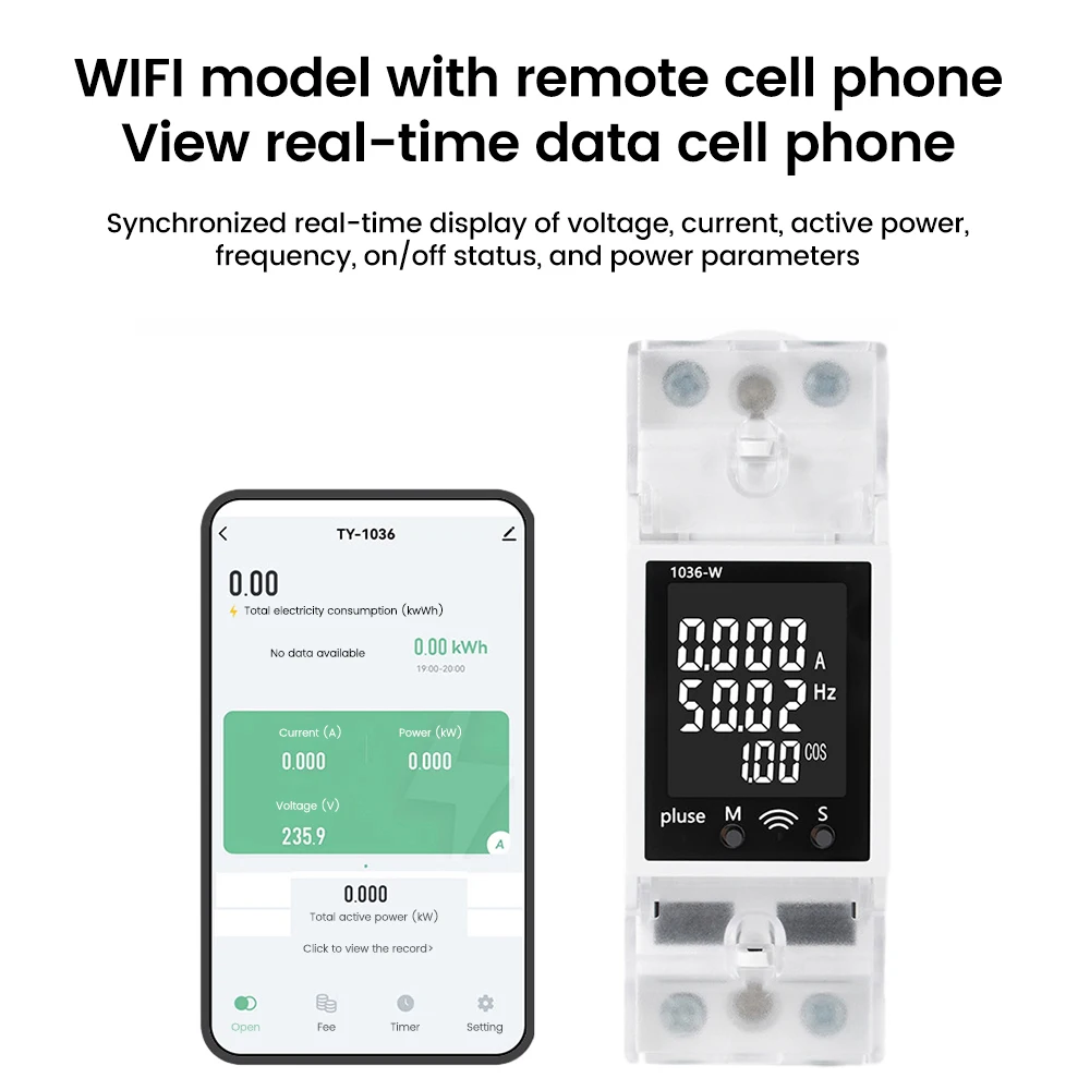 APP WiFi Din Rail Power Monitor Wattmeter Voltmeter Ampermeter Digital Energy Meter Over Under Voltage Protector Relay Switch