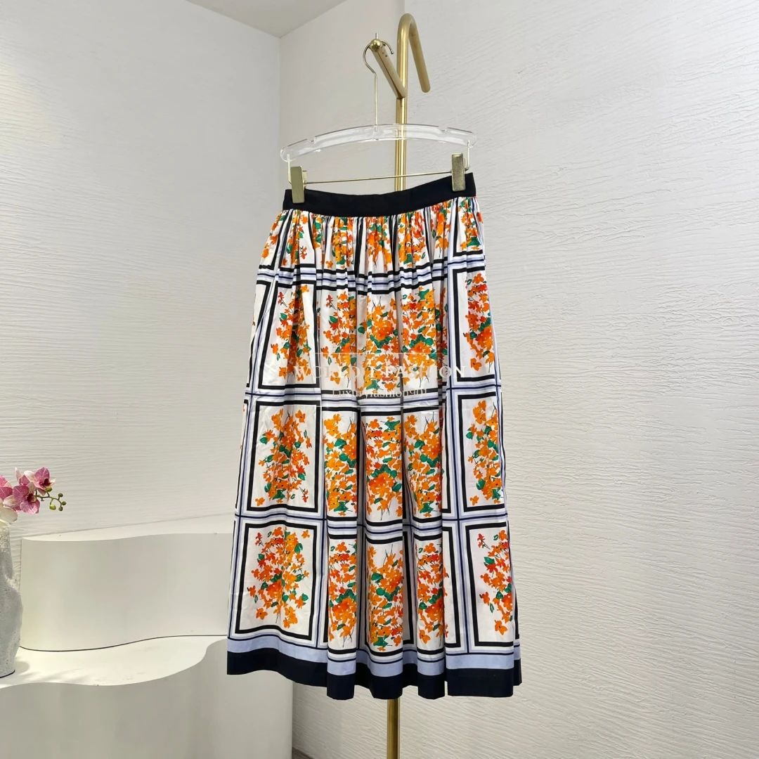 

2025 Women's Fashion Orange Retro Plaid Pattern Floral Print Midi Skirt