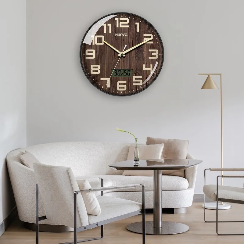 Wood Grain Wall Clock Luminous 12 Inch Nordic Clock Mute LCD Temperature and Humidity Display Quartz Clock Living Room Study