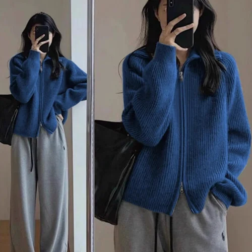 두꺼운 스웨터 블루 라이트 핑크 라운드넥 긴팔 루즈핏 두꺼운 지퍼 니트 카디건 스웨터 니트 스웨터 카디건 스웨터 