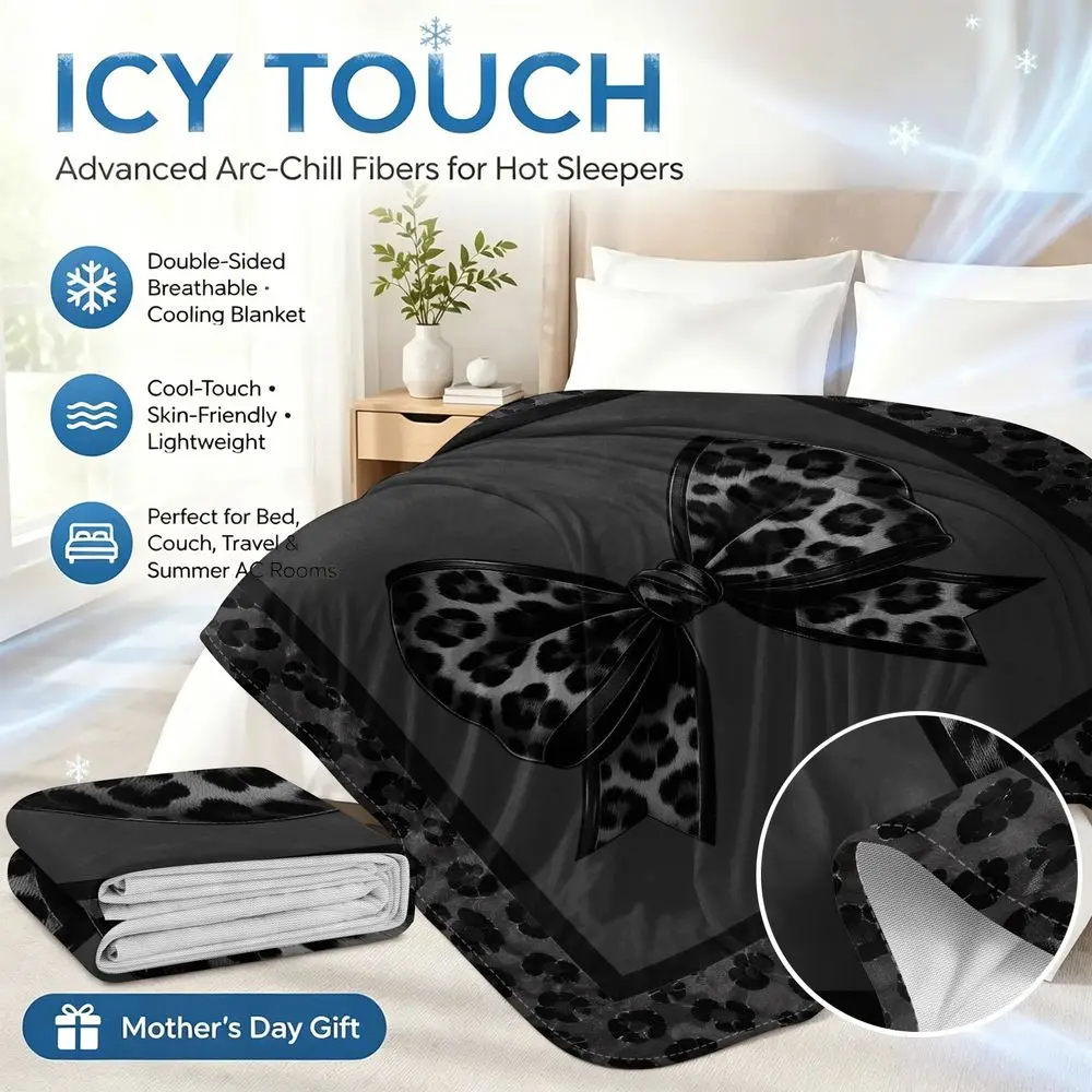 Cooling Blanket Summer Cooling Throw Black Leopard Bow Print Soft Ice Touch Breathable Moisture Wicking Bedding