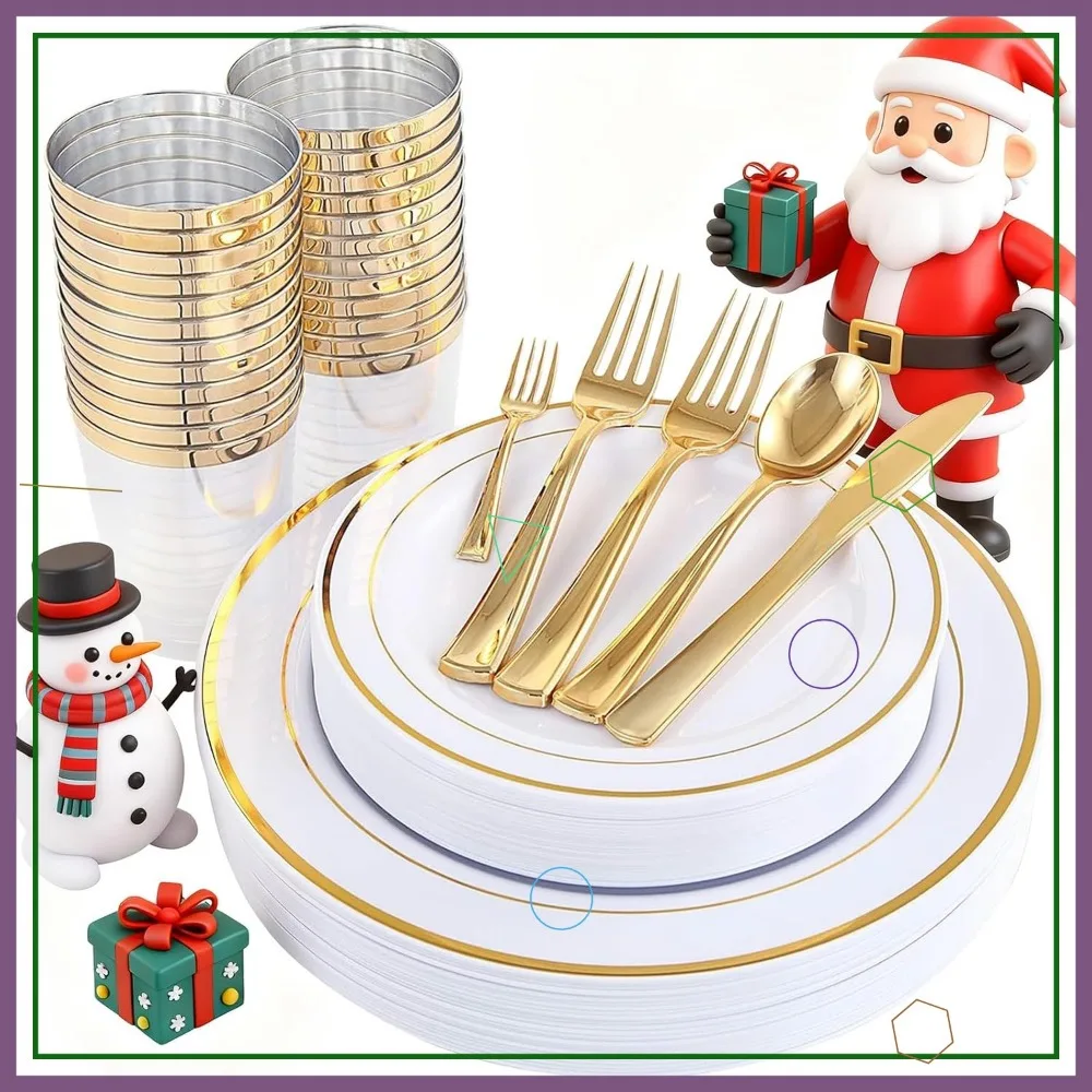 

Gold Plastic Dinnerware Set for 25 Guests - Heavy Duty Plates, Silverware & Cups for Christmas/Wedding