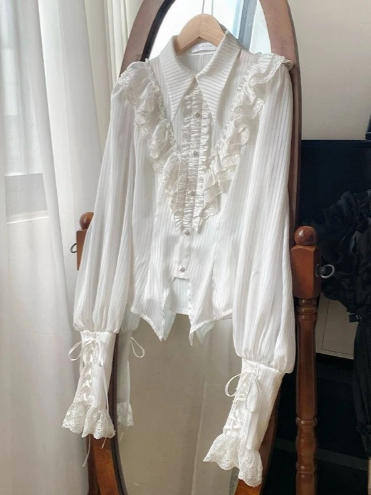 Japanese Vintage Gothic Lolita T-shirts Women Y2k Bow Long Sleeve Blouses Harajuku Elegant Sweet Slim Chic Design Retro Tees New