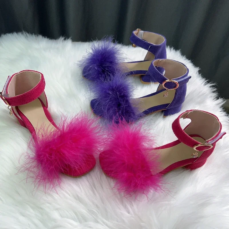 Toddler Girls Sandals Summer Low-heels Children's Sandals Open-toe Princess Fluffy New Versatile Kids Fashion Ankle-strap Shoes
