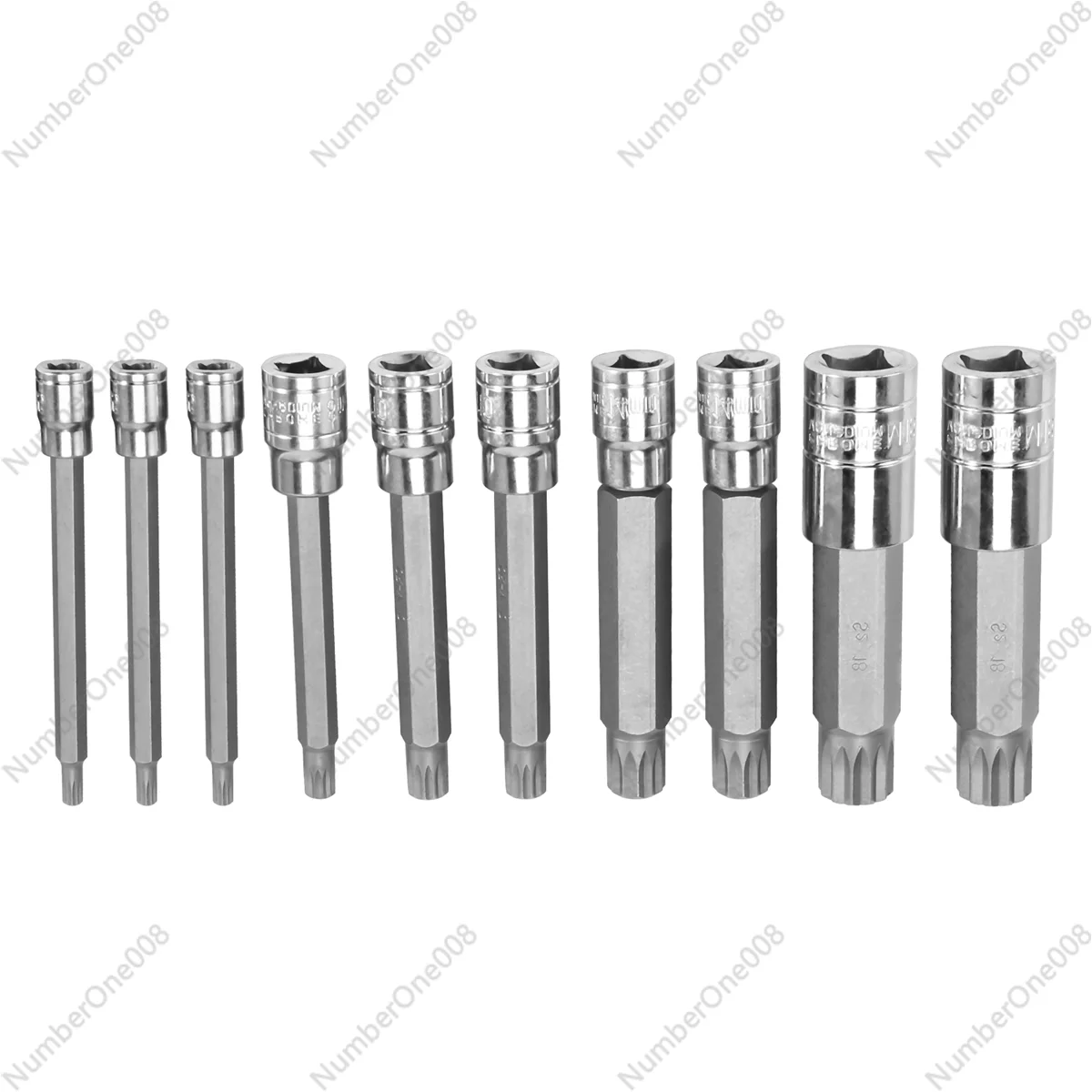 10 Piece 4 inch Spline Tip Bit Socket Set M-Type Universal Sleeve M4-M18 Triple Square Spline Bit Socket Set