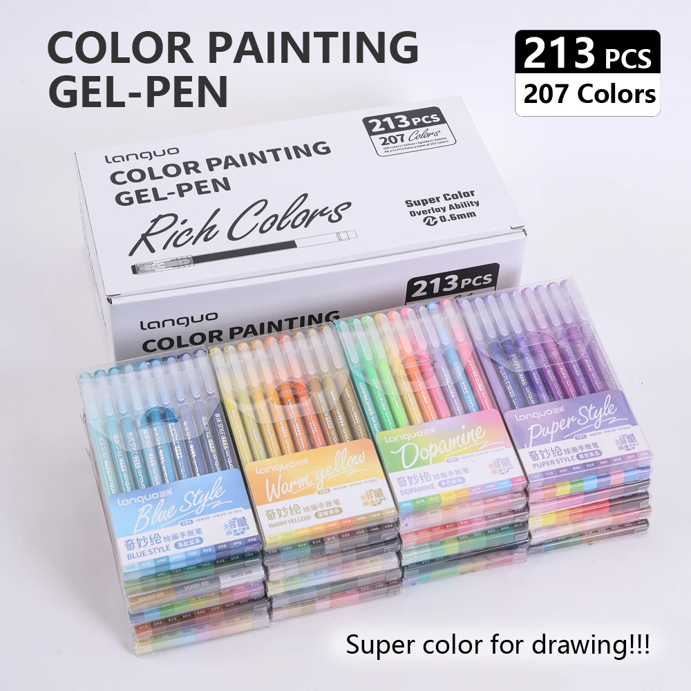 213 Pcs/Set Colored Painting Gel Pen 207 Colors Line Sketch Drawing Pens 0.6mm Super Color Overlay Ability Art Coloring Pen