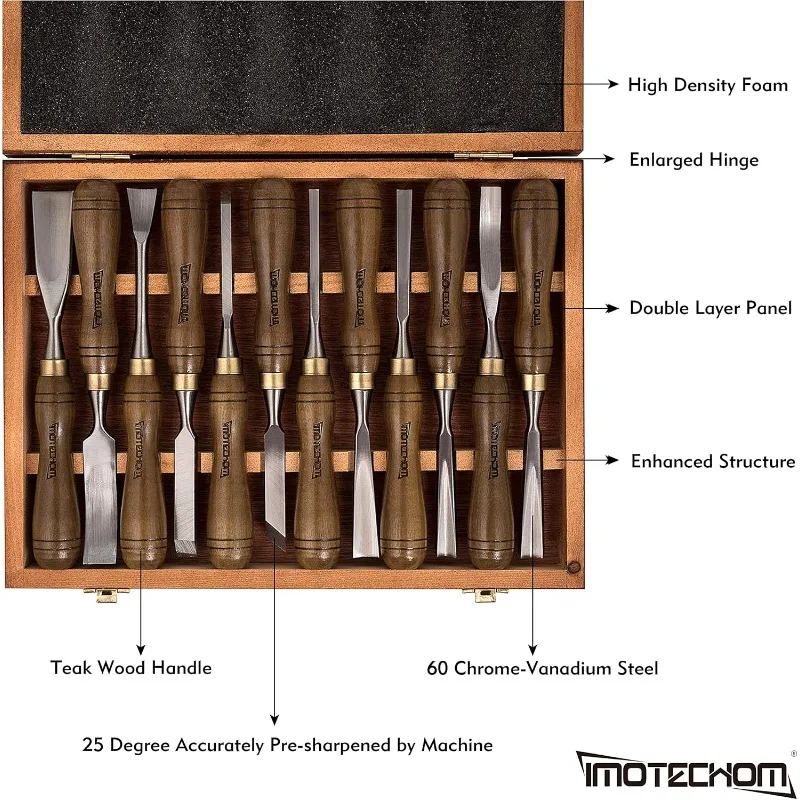 12-Pieces Woodworking Wood Carving Tools Chisel Set with Wooden Box, Sharp CR-V 60 Steel Blades