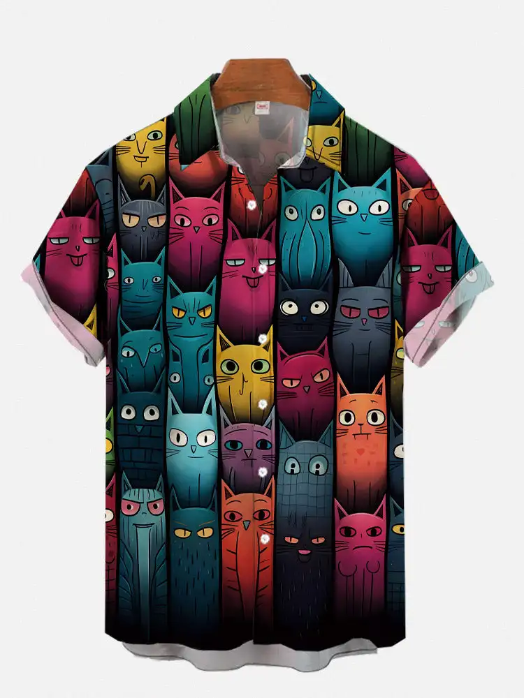 Vintage Vacation Casual Cat Photo Short Shirt With Print Pet Harajuku Flower Blouse Streetwear Beachwear Hawaii Camisas Slim Fit