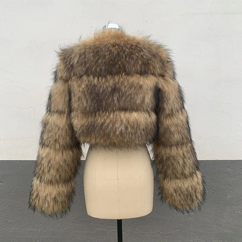 Abrigo de piel de mapache de invierno degradado para mujer, Chaqueta corta de piel Artificial con cuello redondo empalmado para mujer, abrigo de piel ecológica de estilo holgado para mujer