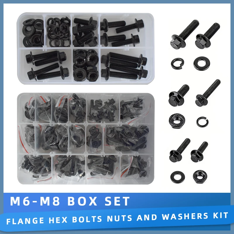 

M6 M8 Flange Hex Bolts and Nut Set Black Zinc Plated Alloy Steel 10.9 Grade Metric Screw Flat & Lock Washers Assortment Kit